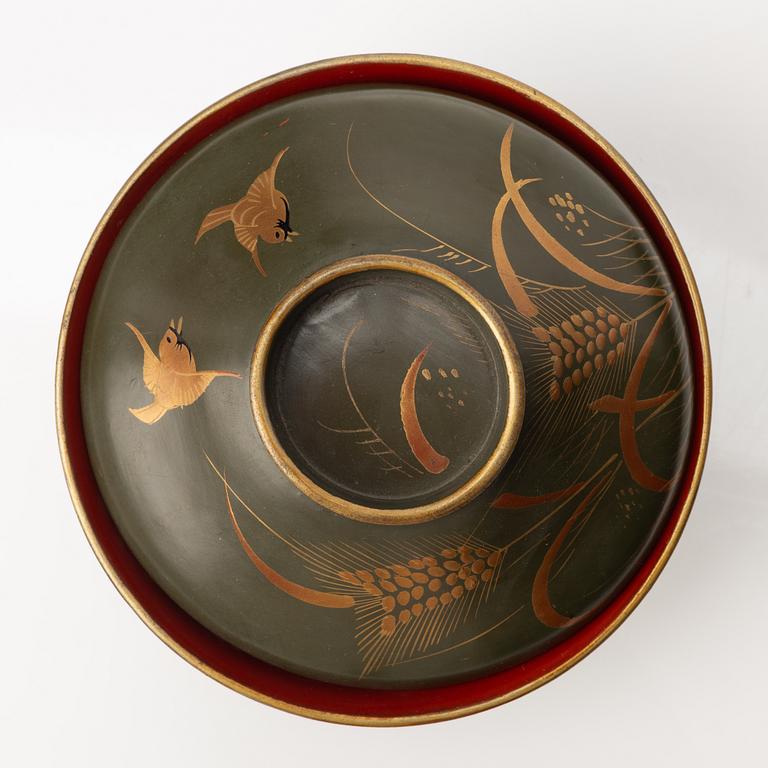 A group of nine Japanese lacquer bowls with covers, Meiji and 20th century.