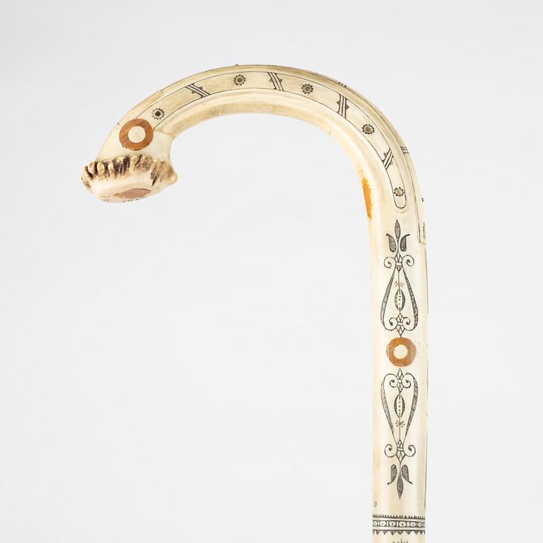 Anton Enarsson, a reindeer horn, birch and pewter walking stick, signed AE and dated 1965.