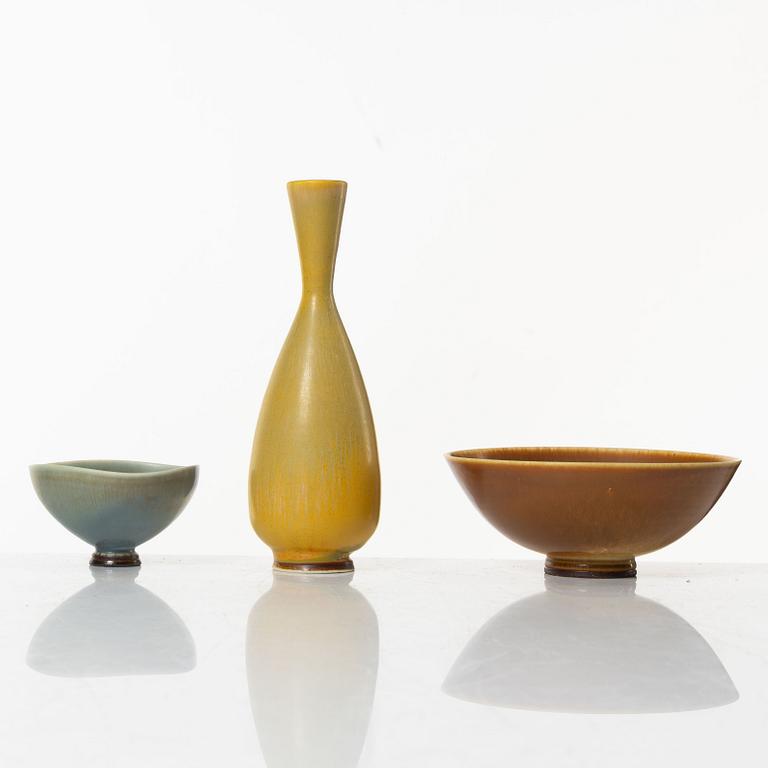 Berndt Friberg, a pair of bowls, and a vase, stoneware, Gustavsberg studio, 1954; 1972 and 1974.