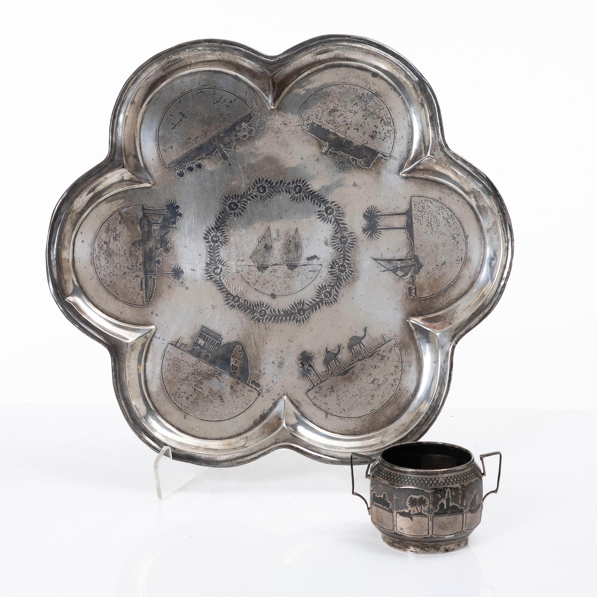 Tray and sugar bowl, silver, Iraq, first half of the 20th century.