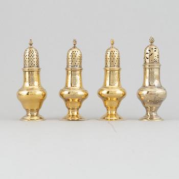 Four English 18th century silver-gilt caster-cruet, one pair marked Thomas Shepherd, 1790, one John Delmester 1760,