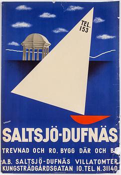 OLLE NYMAN, vintage poster, 'Saltsjö-Dufnäs', J. Olséns Litografiska Anstalt, Stockholm, 1932.