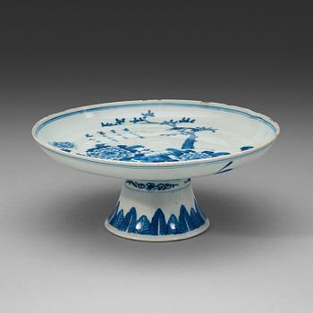 380. A blue and white dish on a high foot, late Qing dynasty (1644-1912).