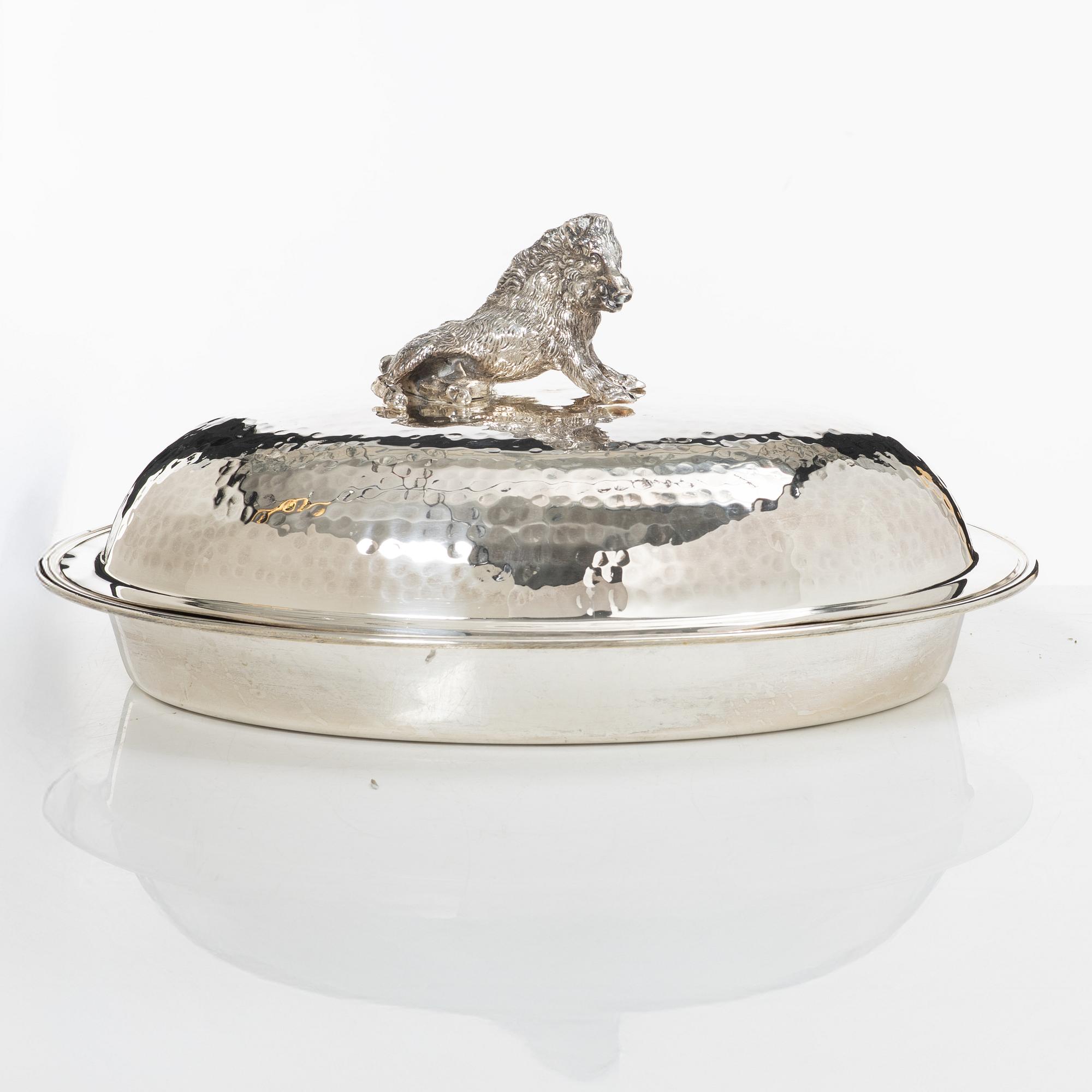 Covered bowl, silver plate, with glass insert, 20th century.