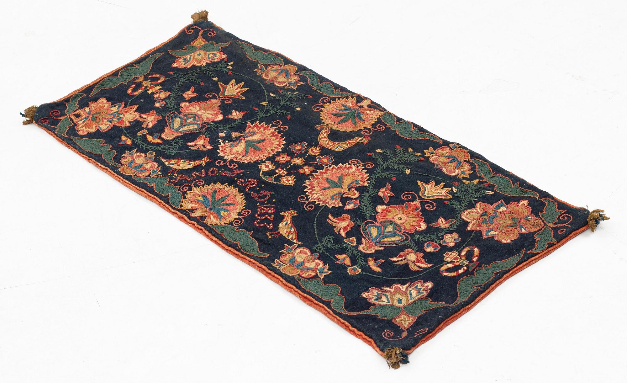 Åkdyna, broderad, ca 102 x 77 cm, signerad och daterad ANO BRD 1833, Skåne.
