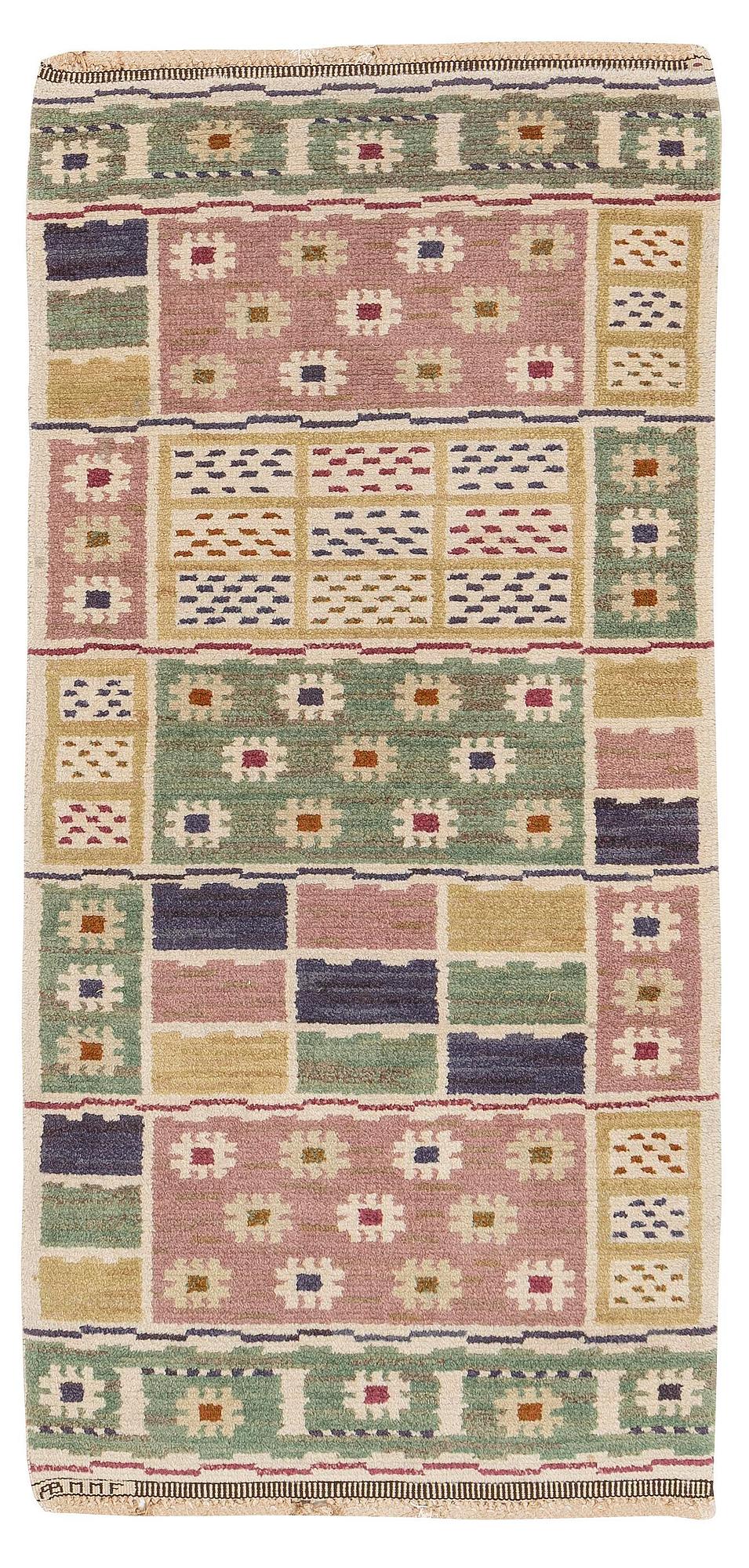 Märta Måås-Fjetterström, a 'Ängarna' carpet, knotted pile, c. 190 x 90 cm, signed AB MMF.