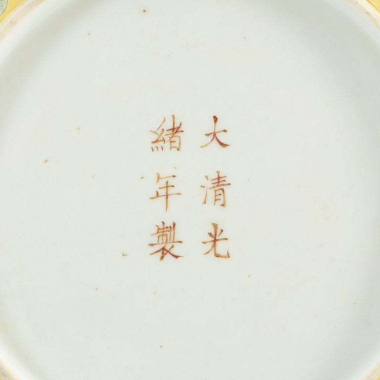 A Chinese yellow glazed dish, presumably Republic with Guangxu six character mark.