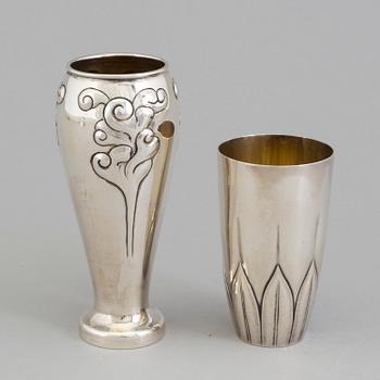 Two Danish Art Nouveau parcel-gilt vases, maker's mark A Michelsen, Copenhagen, 1902 and unknown maker, Copenhagen 1909.