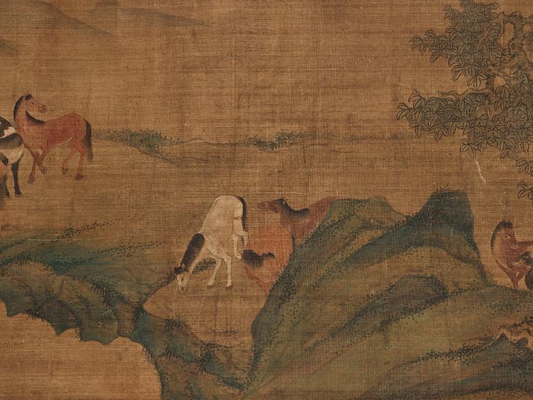 A long scroll painting after Zhao Yong (Zhao Zhongmu 1289-1369), ink and colour on paper and on silk, Qing dynasty.