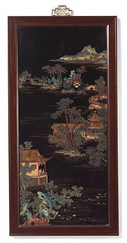 A set of four Chinese lacquer panels with wooden frames, early 20th century.