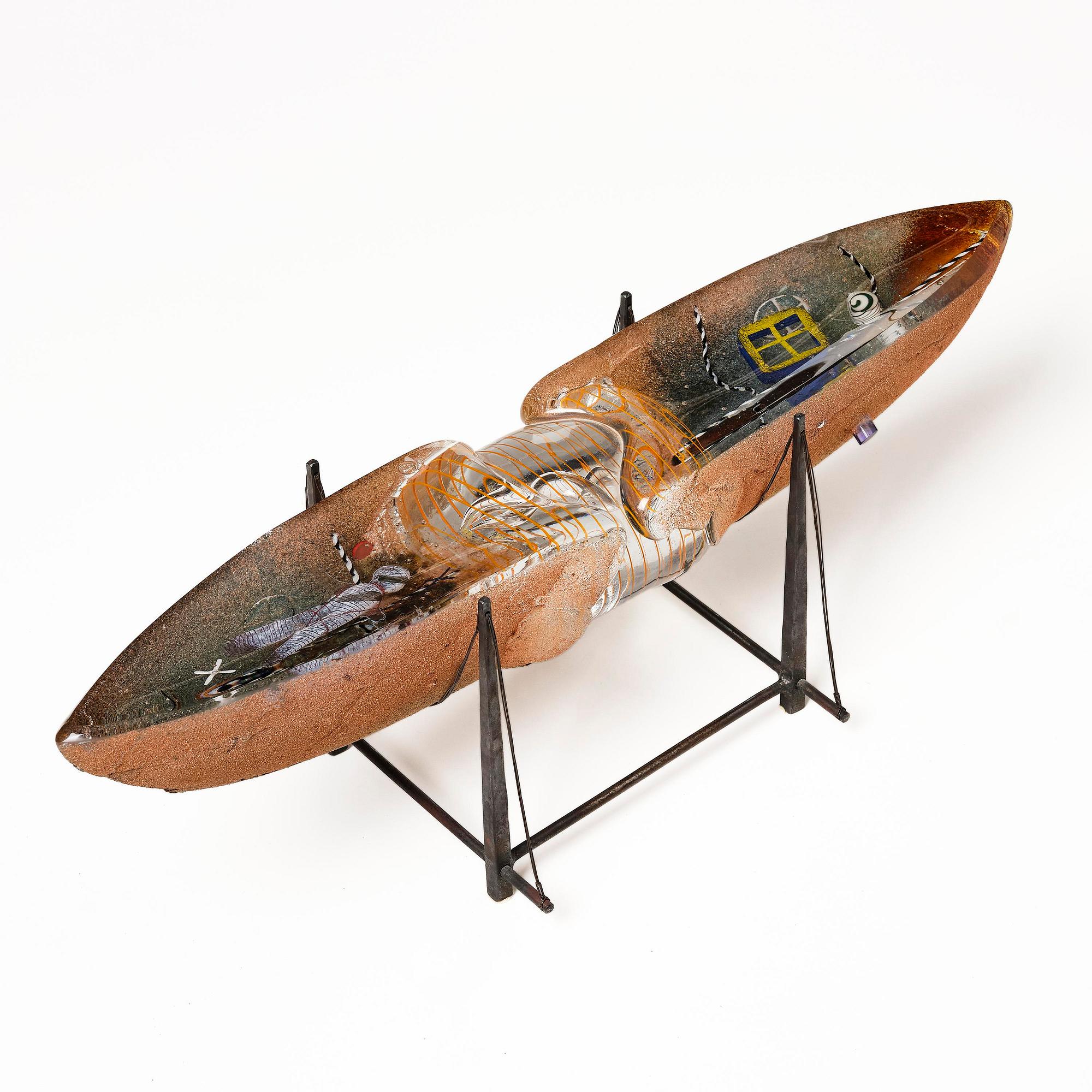 Bertil Vallien, a unique sand cast glass sculpture of a boat, Kosta Boda, Sweden, 1980s.