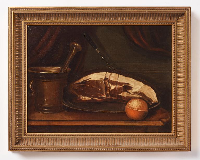 Pehr Hilleström, Still life with piece of meat, mortar, and bitter orange.