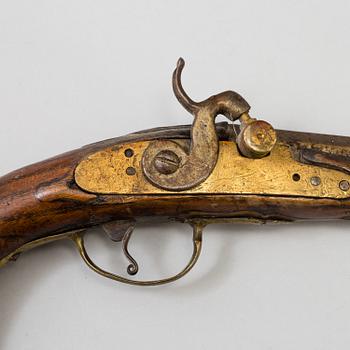 Two percussion lock pistols from around year 1800. Changed from flint lock to percussion lock.