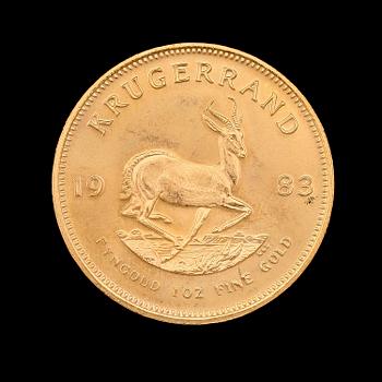 GULDMYNT, finguld, Krugerrand, Sydafrika, 1983. Vikt ca 34 g.