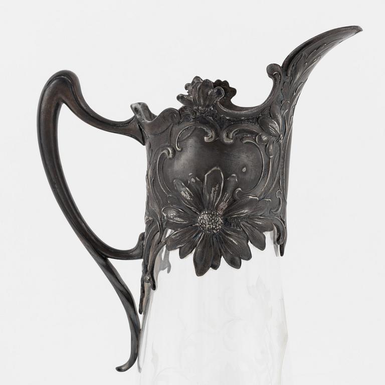 decanter / jug, glass and pewter, Art Nouveau, early 1900's.