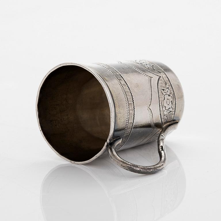 Five silver beakers, maker's mark of  P.J. Silventoinen, and a box, cup and letter opener, Russia, France and Finland.