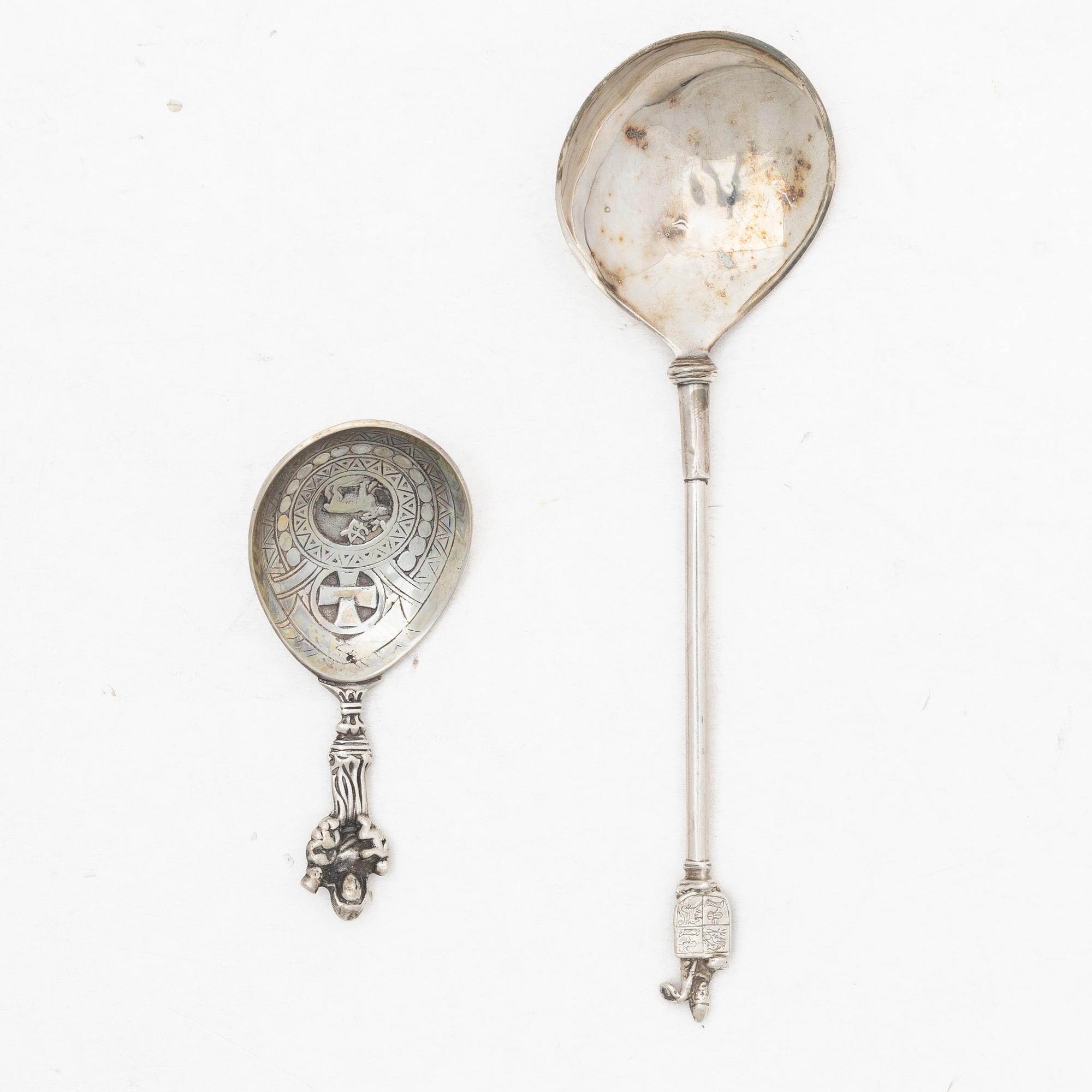 Two unmarked silver spoons, Historicism.
