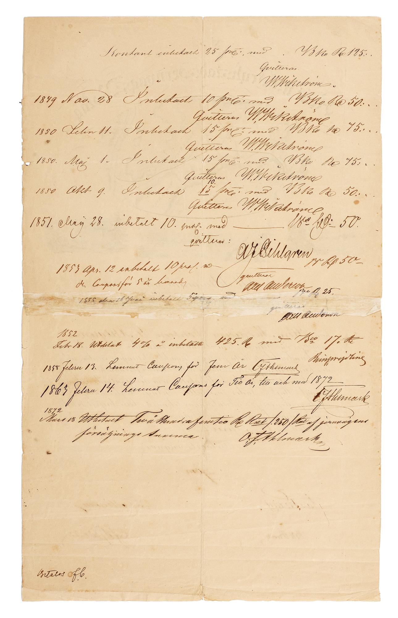 SVENSKA AKTIEBREV 1728-1899, en samling om 1198 aktiebrev samt diverse dokument rörande Göta kanal bolaget såsom regler.