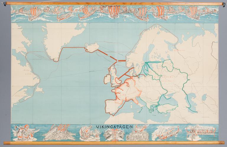 SKOLKARTA, "Vikingatågen" Illustrationer av Uno Stallarholm, Norstedt och Söners Förlag,  1944.