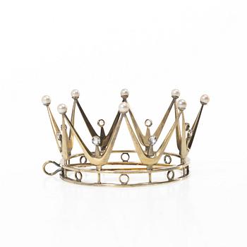 Bridal crown, gilt-silver with pearls and synthetic stones, mark of KE Carlsson, Gothenburg 1964.