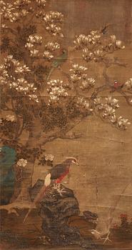 A hanging scroll of birds and magnolia in a garden, Qing dynasty.