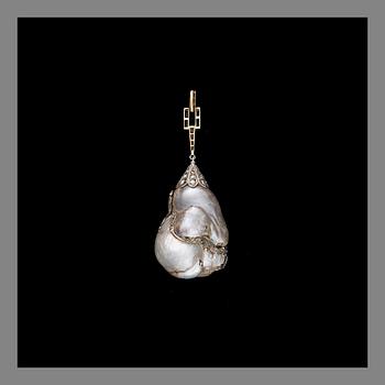 A PENDANT, baroque pearl, platinum and gold, rose cut diamonds, enamel. Weight c. 26.2 g.