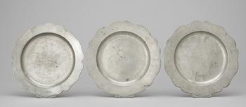 372. Three Swedish pewter plates, from the 1750s.