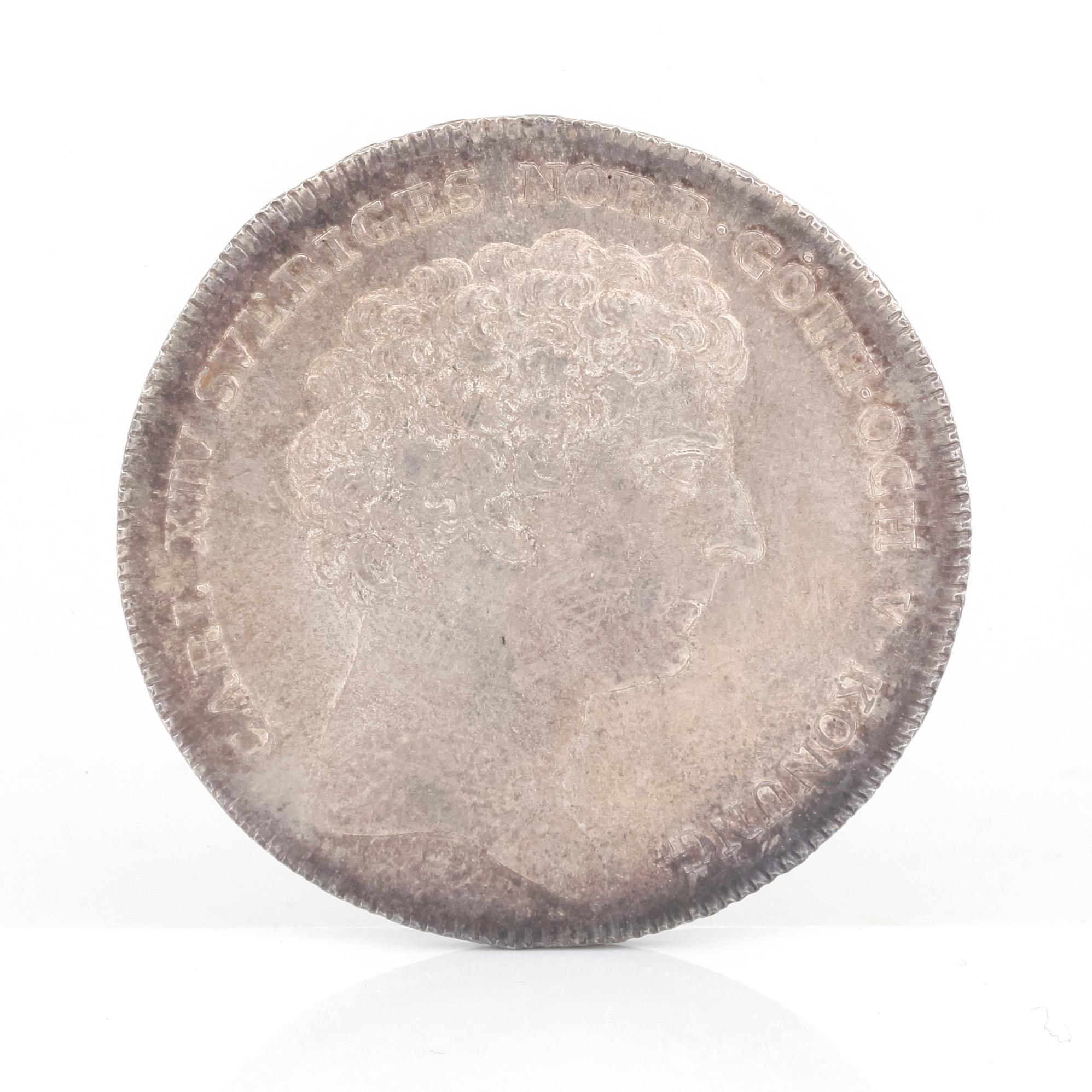 SILVERMYNT, 1 Riksdaler, Karl XIV Johan av Sverige o Norge 1822. Vikt ca 29 gram.