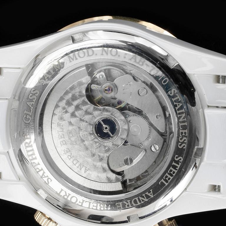 ARMBANDSUR, herr, André Belfort AB, Sirène, automatisk, kronograf, kalender, ref. AB-7110, vit keramik och förgyllning.