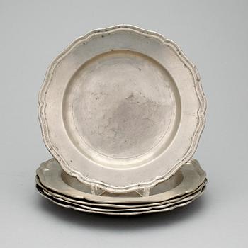 DJUPA TALLRIKAR, 5 st, tenn, rokoko, mest Johan Gustaf Ryman, Stockholm, 1700-tal.