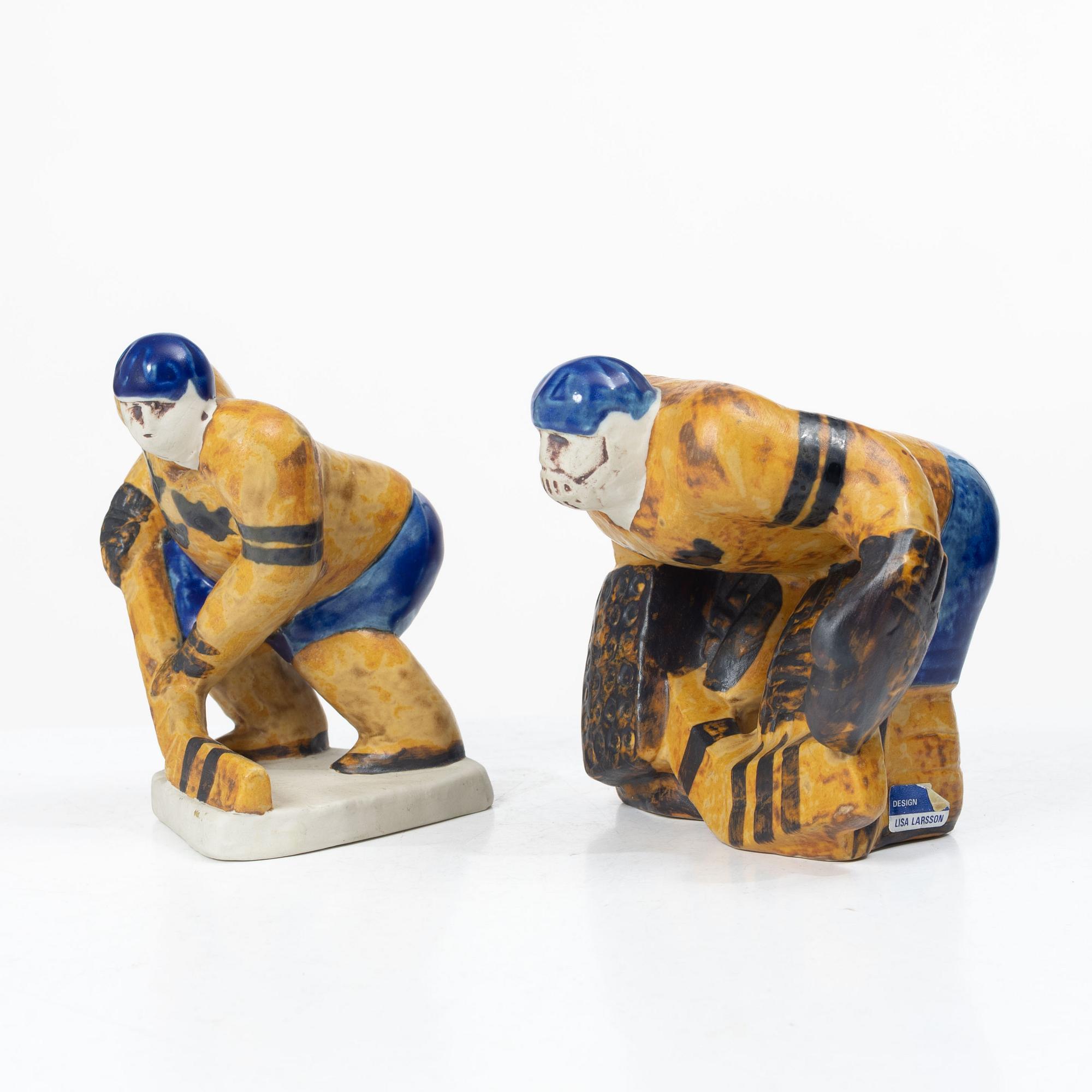 Lisa Larson, Two figurines, ice hockey players, stoneware, Gustavsberg.