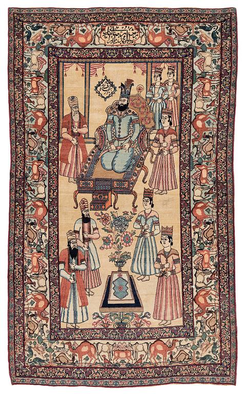 An antique Kerman Raver rug, South Persia, signed c. 238 x 143 cm.