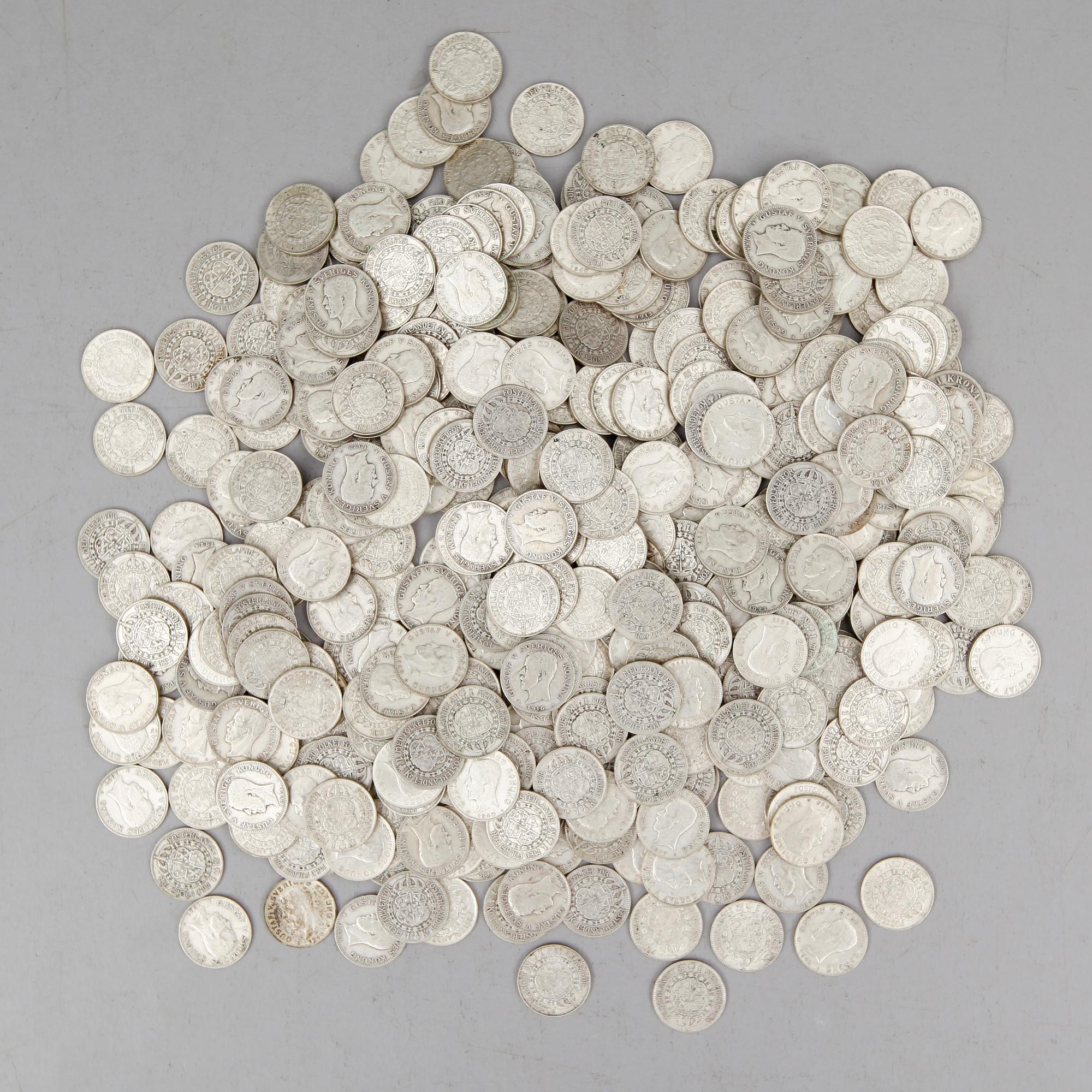 SAMLING SILVERMYNT, enkronor, Gustaf V, 1910-1941. Vikt ca 3000 gram.