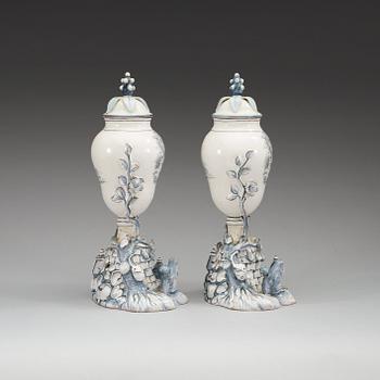 A pair of Swedish Marieberg faience vases with covers, 18th Century.
