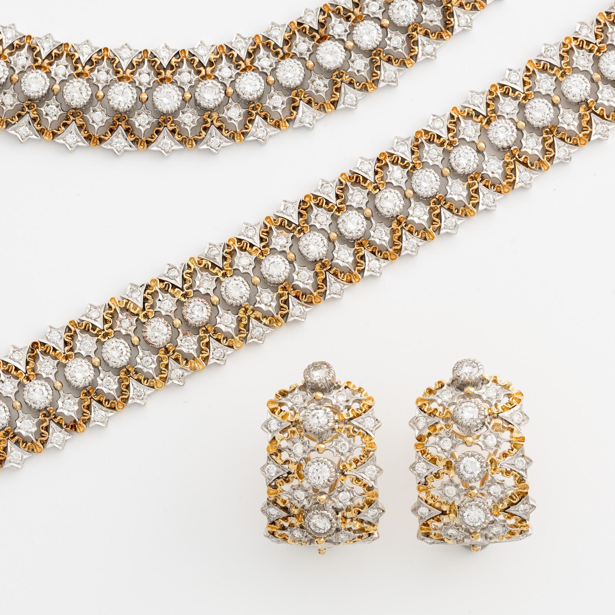 Garniture, with necklace, earrings, and bracelet, gold with brilliant-cut diamonds.
