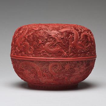 A carved red dragon box with cover, Qing dynasty (1662-1912).