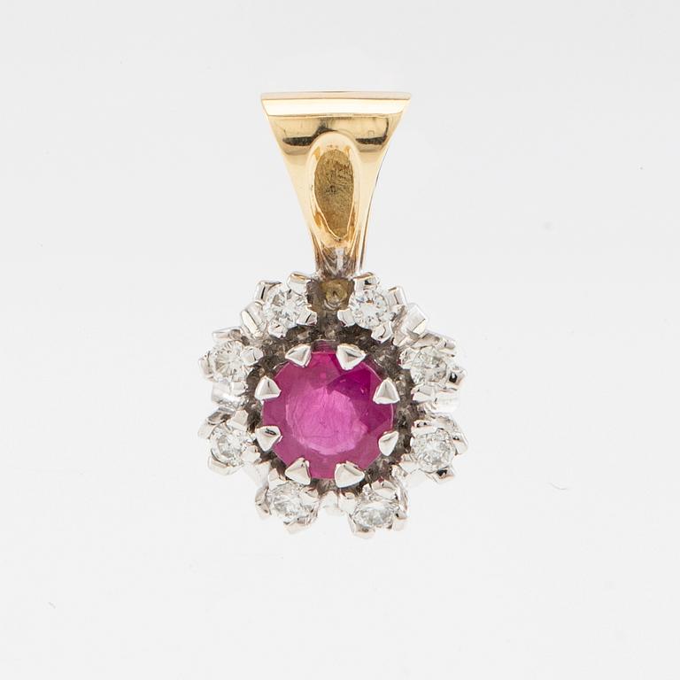 Pendant in 14K white and red gold with diamonds and a ruby.