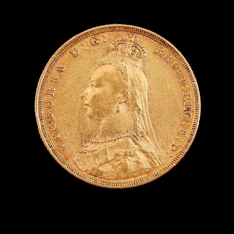 GULDMYNT, sovereign, Victoria 1892. Vikt ca 8 gram.