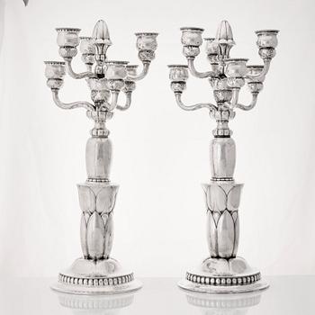 Georg Jensen, a pair of six lights silver candelabra, Copenhagen 1920, design nr 38.