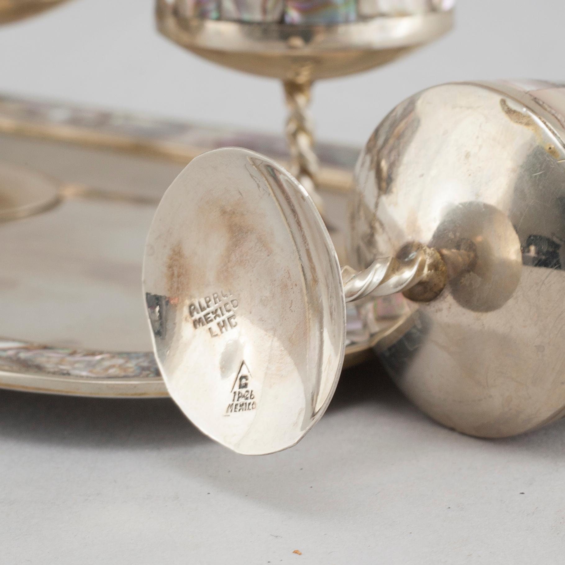 Six liqeur glasses on a tray, mother of pearl and alpaca, Mexico, second half of the 20th century.