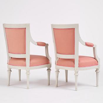 A pair of late Gustavian open armchairs by E. Ståhl (master in Stockholm 1794-1820).