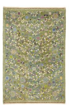 224. Barbro Nilsson, A CARPET, "Violetta grön", knotted pile, ca 200-201 x 129,5-131 cm, signed AB MMF BN.