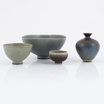 Berndt Friberg, a group of three bowls and a vase, Gustavsbergs studio 1950-67.