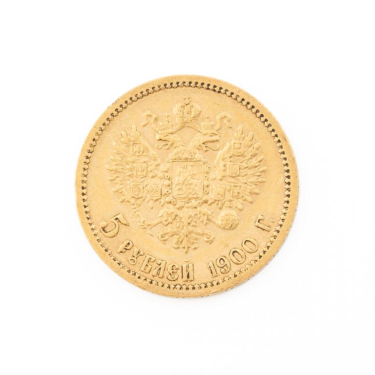 Gold coin, Nicholas II, Russia, 5 Rubles, 1900.