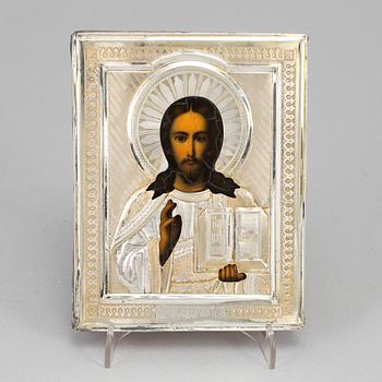 A Russian early 20th century parcel-gilt silver icon, unidentified makers mark, Moscow 1899-1908.