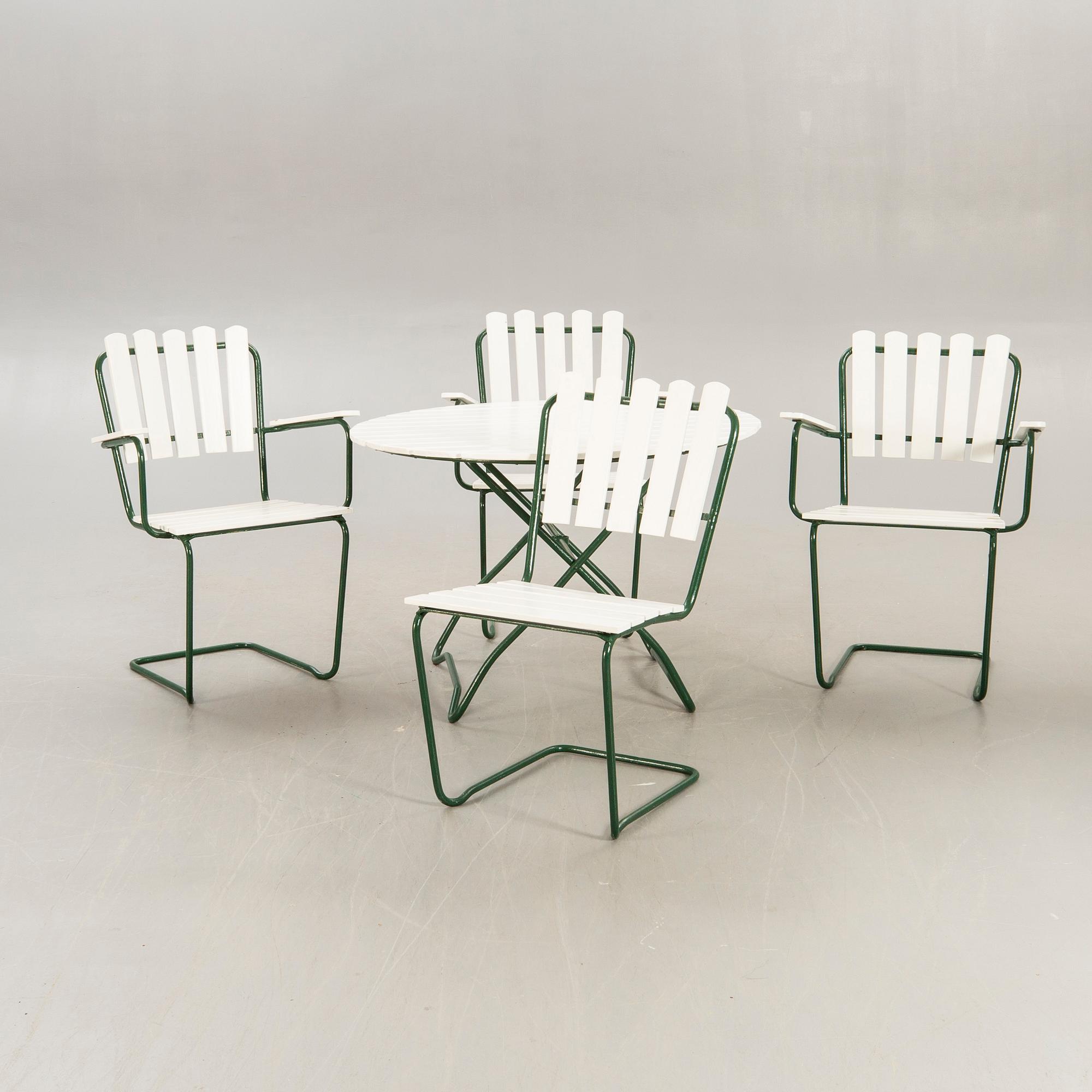 Garden group, 4 chairs, table, mid 1900s.
