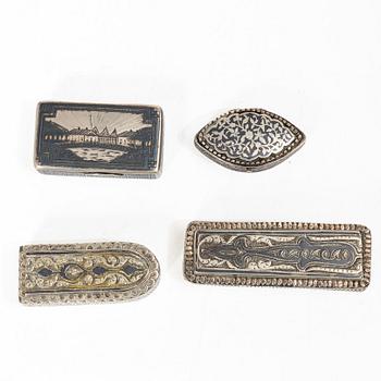 Boxes, 4 pcs, silver and niello, including Moscow, Russia 1873.