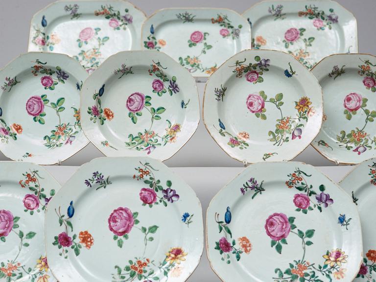 A part famille rose dinner service, Qing dynasty, Qianlong (1736-95). (15 pieces).