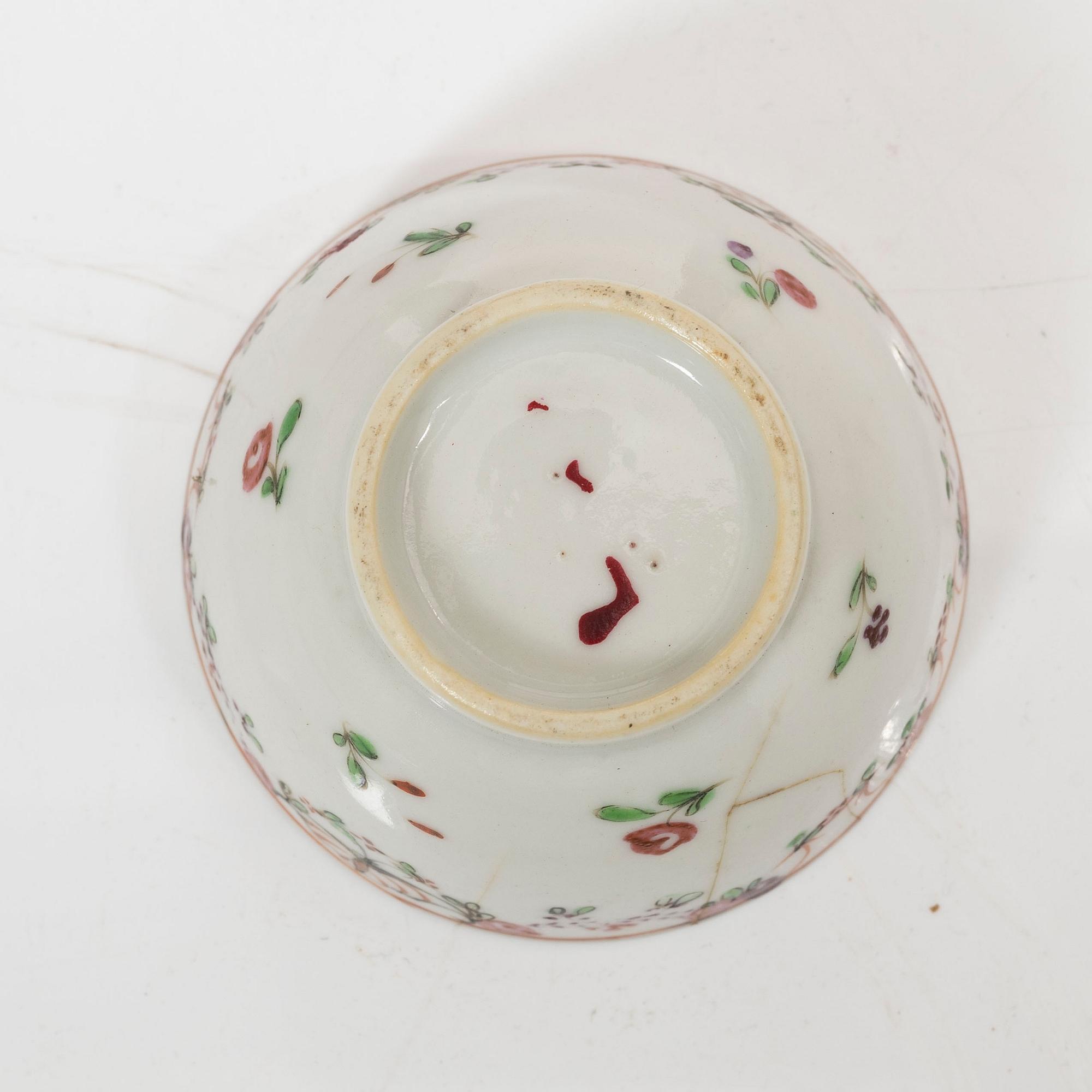 A set of five famille rose tea cups, Qing dynasty, 18th century and a bowl, Qing dynasty, 19th century.