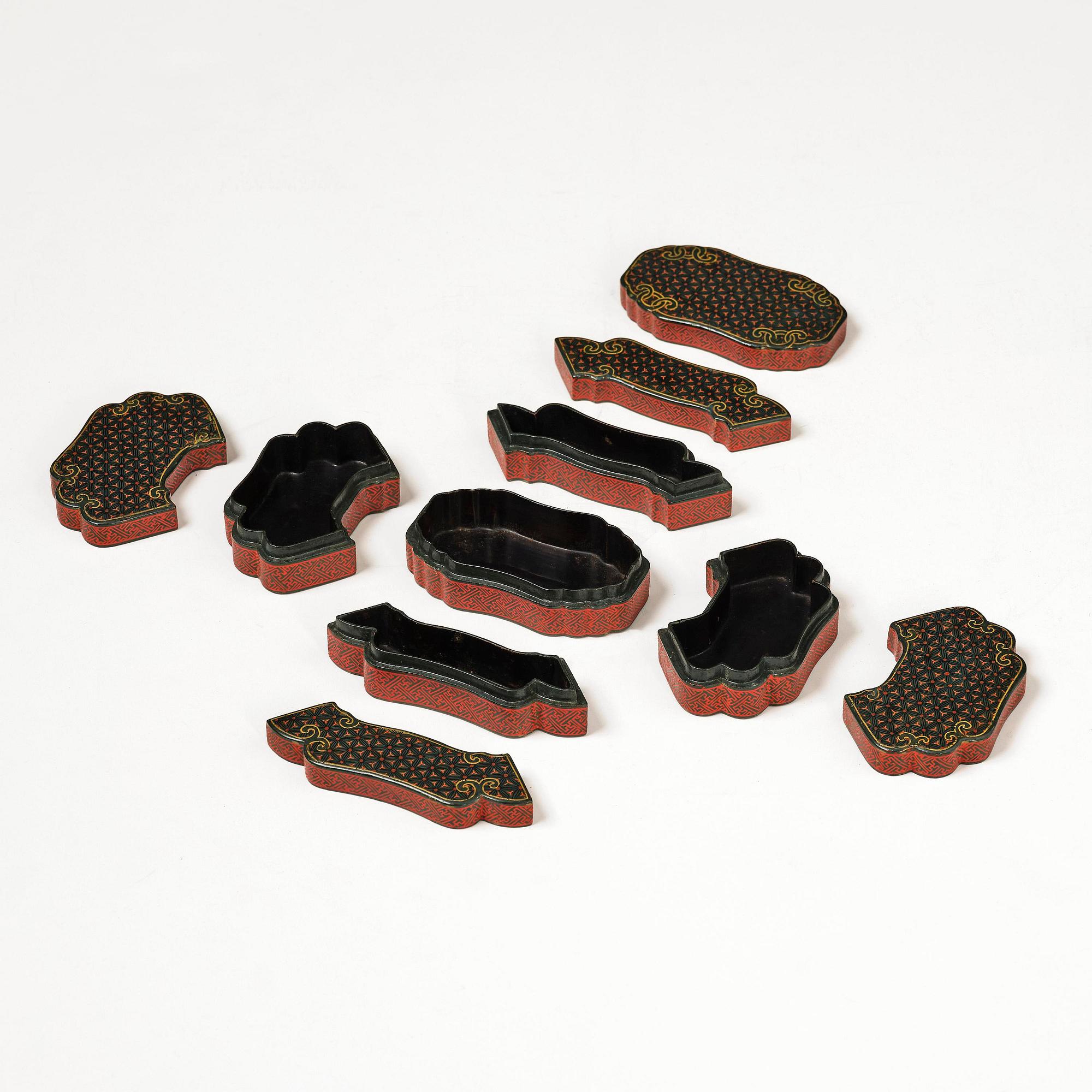 A fine carved lacquer box and cover with tianqi lacquer inset boxes and covers, Qing dynasty, Qianlong (1736-95).